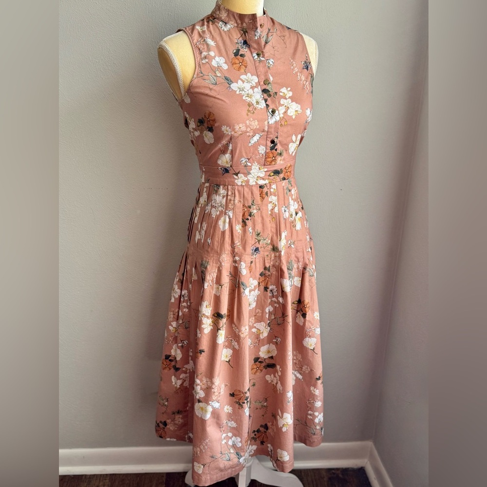 Antonio Melani Connie Pleated Midi Dress Brown Terra Cotta Floral Size 0